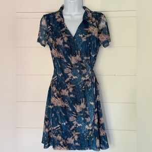 Urban Outfitters Blue and Tan Midi Wrap Dress with Sheer Sleeves, Women’s M